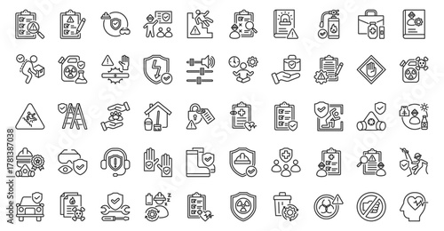 Occupational health and safety icon set outline containing hazard identification, risk assessment, ppe, safety training, accident prevention, workplace inspection, emergency procedure, fire safety