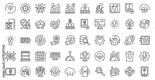 Energy management icon set outline containing renewable, efficiency, smart grid, demand, forecasting, storage solution, emission, peak load, audit, net-zero, appliance, monitoring, sustainability