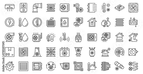 HVAC icon set outline containing air conditioning, heating system, ventilation duct, cooling coil, heat pump, refrigerant line, filter, thermostat control, ductwork design, energy recovery, humidity