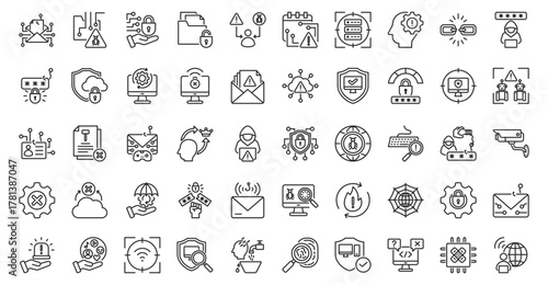 Cyber risk icon set outline containing phishing attack, malware infection, ransomware, data breach, insider threat, zero day vulnerability, denial of service, social engineering, supply chain attack