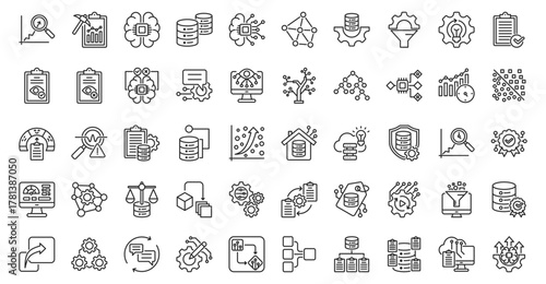 AI data driven icon set outline containing predictive analytics, data mining, machine learning, big data, deep learning, neural network, data preprocessing, feature engineering, model training