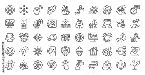 Polyfunctional robot icon set outline containing versatile automation, multi-task capabilities, adaptable function, enhanced efficiency, robotic intelligence, task switching, high speed processing