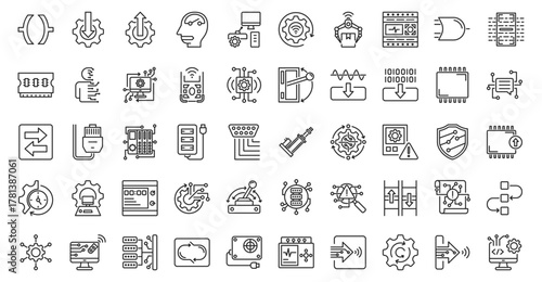 PLC icon set outline containing ladder logic, input module, output module, relay logic, control systems, automation control, industrial automation, programmable relay, logic gate, scan cycle, memory