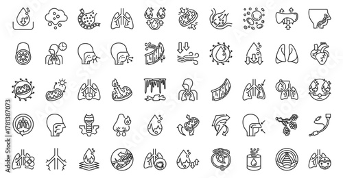 Respiration icon set outline containing oxygen intake, carbon dioxide, alveoli function, lung capacity, oxygen transport, cellular respiration, gas exchange, hemoglobin role, diaphragm movement