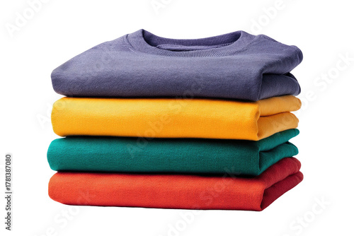Stacked, folded colorful t-shirts on a transparent background