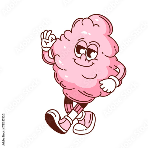 Cute pink cotton candy character walking with a happy face, wearing shoes and gloves, drawn in groovy cartoon outline style, fun fair and carnival dessert theme, vector illustration.