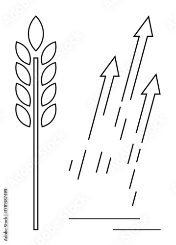 Wheat stalk alongside ascending arrows symbolizes agricultural development, progress, and growth trends. Ideal for farming, sustainability, economy, growth, innovation success productivity. Simple