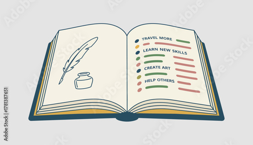 A closeup of a journal open to a page filled with bullet points highlighting goals and aspirations for the future.