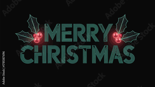 Festive merry christmas greeting with stylized teal lettering and traditional holly berries on a dark background