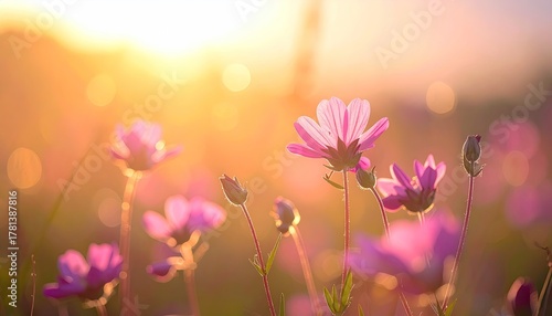 Pink cosmos flowers bloom bathed in warm golden hour sunlight creating a soft magical atmosphere with bokeh background in a field during sunrise