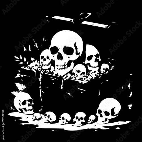 A Macabre Collection of White Skulls and Bones in a Dark Setting