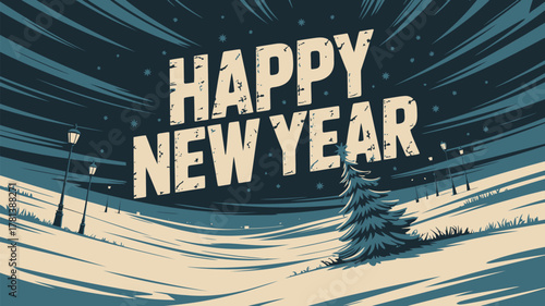 Happy new year greeting with a stylized winter landscape featuring a christmas tree and streetlights