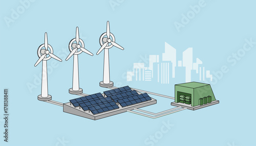 A hybrid energy facility combining solar wind and energy storage serving as the backbone for a sustainable urban power grid.