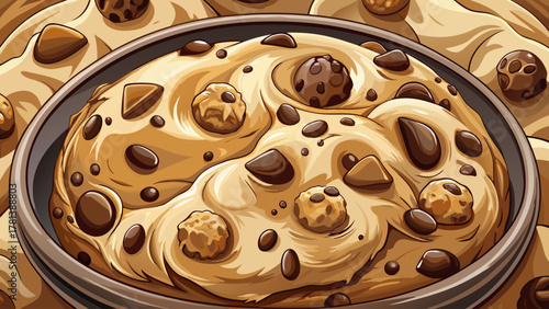Very beautiful close-up of chocolate chip cookie dough ready to bake, showing rich texture, visible chocolate chunks, and warm natural light for a realistic delicious baking scene.