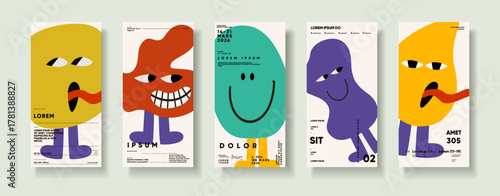 A collection of five abstract posters featuring colorful, whimsical characters with bold shapes and playful expressions. Each design showcases a unique combination of colors and typography