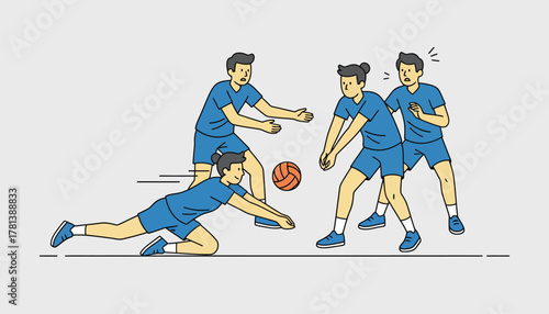 A team of volleyball players participates in a drill designed to improve communication and teamwork on the court during practice.