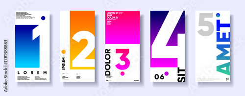 A set of five modern, colorful posters featuring large numbers and text in a minimalist design. Each poster showcases a unique gradient background with bold typography, creating a striking visual