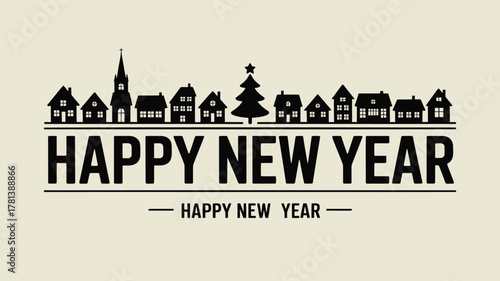 Happy new year greeting with a silhouette of a charming village and a festive christmas tree