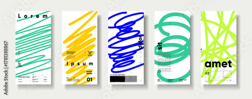 A set of five modern poster designs featuring abstract scribbles in vibrant colors. Each poster showcases a unique color scheme with bold typography, creating a dynamic and artistic visual appeal.