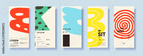 Wallpaper Mural A set of five abstract posters featuring bold, colorful designs with geometric shapes and modern typography. Each poster showcases a unique pattern and color scheme Torontodigital.ca