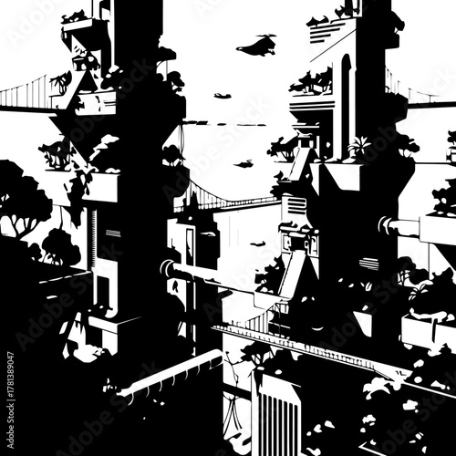 Abstract Black and White Cityscape Illustration.