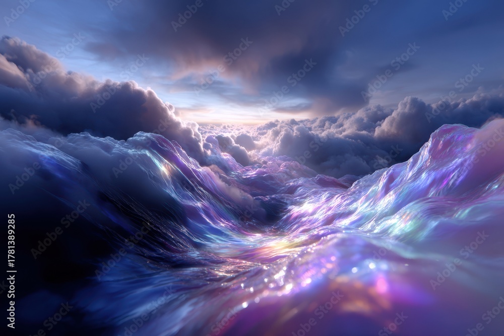 Fototapeta premium Colorful clouds reflect sunlight in a vibrant, dreamlike landscape at dusk