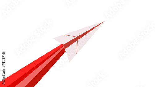 なめらかな赤い光の軌跡を描く白い紙飛行機がきらきらと空へ舞い上がる姿が、希望と挑戦を象徴