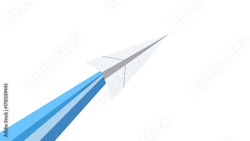 なめらかな青い光の軌跡を描く白い紙飛行機がきらきらと空へ舞い上がる姿が、希望と挑戦を象徴