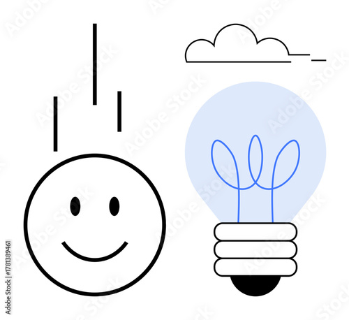 Minimal smiling face, sprouting lightbulb, cloud lines. Ideal for creativity, sustainability, eco-innovation, education, positivity minimalism growth. Simple flat metaphor
