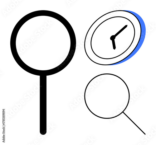 Magnifying glass and clock emphasizing time management, focus, analysis, efficiency, and attention. Ideal for productivity, research, strategy deadlines organization and mindfulness. A simple flat