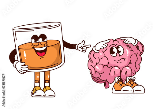 Smiling alcohol glass offering drink to worried brain, symbolizing temptation and mental harm. Groovy cartoon doodle sticker of healthy lifestyle and brain influence, outline vector illustration.