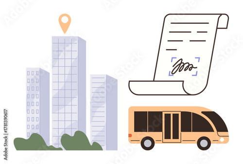 Office buildings with location pin, a signed document symbolizing contracts or agreements, and a modern bus represent urban development. Ideal for business, mobility, transportation, real estate