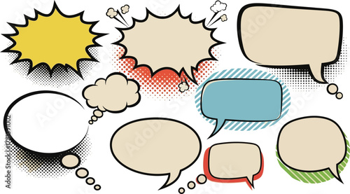 Collection of various cartoon speech bubbles and thought balloons in different shapes and colors, some with halftone patterns, on a white background.