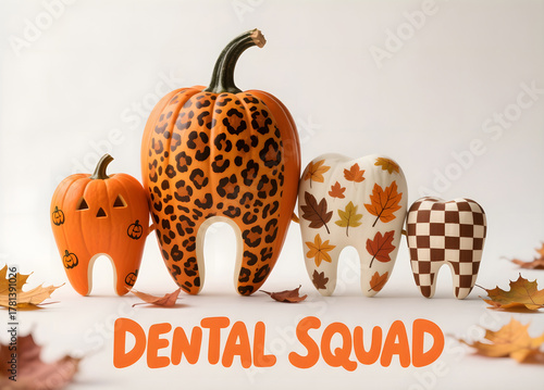Halloween pumpkin-teeth in leopard and autumn leaf patterns standing together with falling leaves and Dental Squad lettering, creative seasonal composition