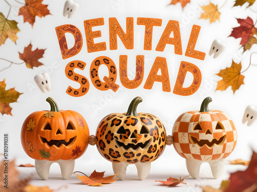 Three smiling pumpkin-tooth characters with carved faces, leopard and checker designs, surrounded by flying leaves and Dental Squad text in bright orange festive style