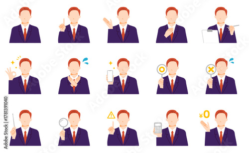 顧客対応するビジネスシーンで使えるスーツを着たビジネスマンのイラスト集。フラットデザイン。