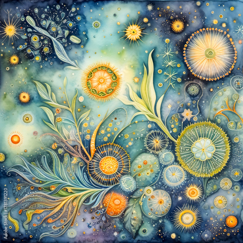 A decorative fantasy world of pollen, diatoms, and algae forming floral constellations — a microscopic garden floating in abstract space.