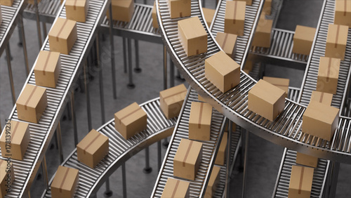 Cardboard boxes moving on a complex conveyor belt