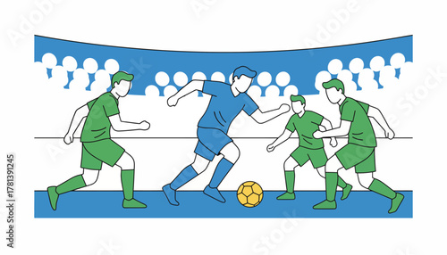 A soccer player practices dribbling skills maneuvering around defenders during a fastpaced practice session in a stadium.