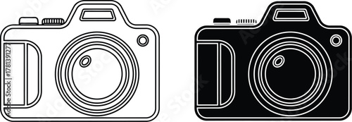 Two camera icons, one in outline style and the other filled in black, both facing forward on a white background.