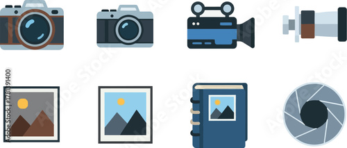 Collection of photography and videography equipment icons, including cameras, lens, video camera, photo album, and aperture.