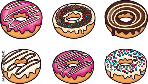 Six cartoon donuts with different toppings and icings, including pink, chocolate, and sprinkles, arranged in two rows against a white background.