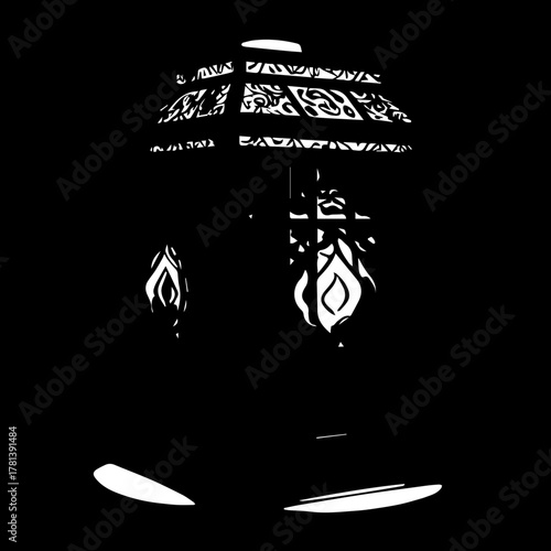 Abstract Meditating Figure with Ornate Headpiece, Intricate Patterns, and Flame Motifs