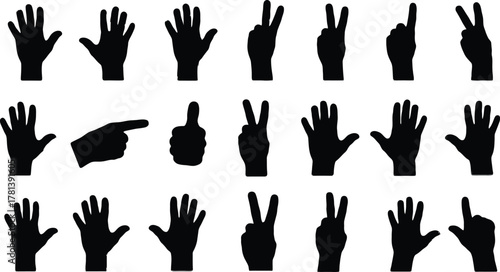 Collection of twenty-one black silhouette hand gestures isolated on a white background, showcasing various positions and signals.