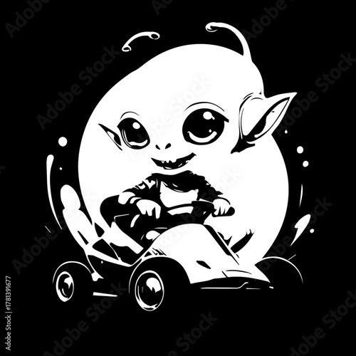 Adorable cartoon alien with big eyes, pointy ears, and a wide smile, driving a stylized go-kart.
