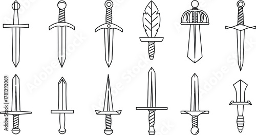 Line art illustration showing twelve different sword designs, arranged in two rows, featuring various blade shapes, hilts, and pommels.