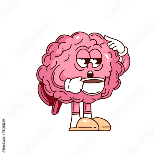 Sleepy brain character in slippers holding cup of coffee and pointing to head. Cute groovy cartoon doodle style. Outline vector illustration for sticker, morning, motivation, or office design.