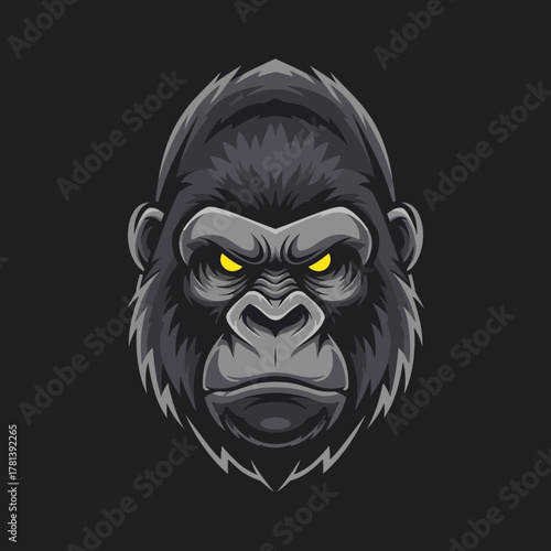 Intense Gorilla Face Illustration with Glowing Eyes.