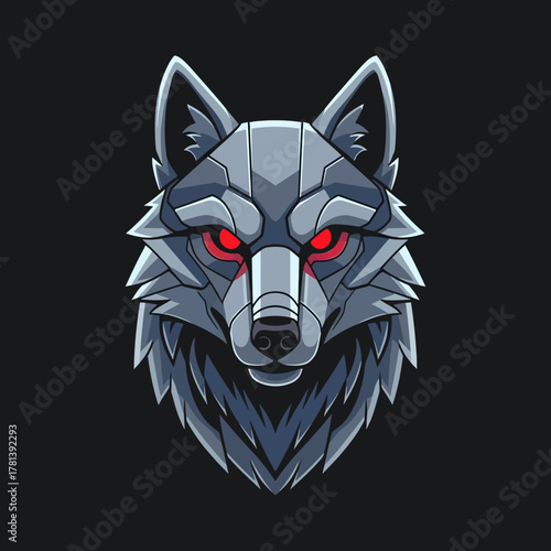 Intense Robotic Wolf Head with Glowing Red Eyes on Black Background.