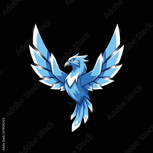 Majestic Blue Phoenix Bird with Spread Wings on Black Background.